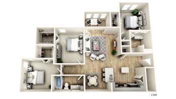 A top-down view of a house layout with a living room, kitchen, and bedrooms.