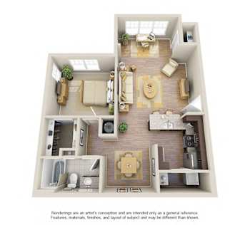 A 3D floor plan of a house with a kitchen, living room, dining room, and bedrooms.