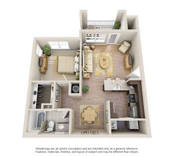 A 3D floor plan of a house with a kitchen, living room, and two bedrooms.