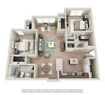 A 3D floor plan of a house with a kitchen, living room, and bathrooms.