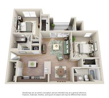 A 3D floor plan of a house with a kitchen, living room, and bathrooms.