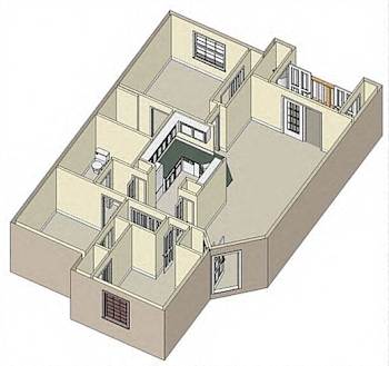 A 3D diagram of a building with multiple floors and rooms.