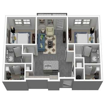 A 3D floor plan of a house with various rooms and furniture.