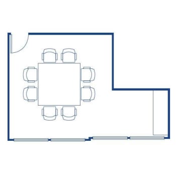 a line drawing of a meeting room with chairs and tables