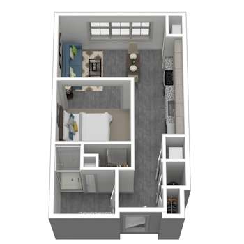 A 3D floor plan of a small apartment with a kitchen, living room, and bathroom.