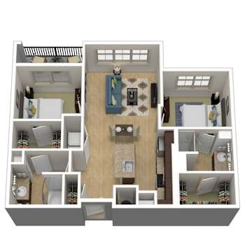A 3D floor plan of a house showing the layout of the rooms.
