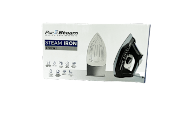 A box of Pur Steam steam iron with a 1700W rating.