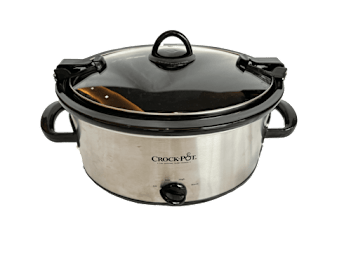 A Crockpot brand cooking pot with a black lid and two black handles.