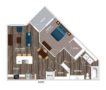 A floor plan of a house with labeled rooms such as "DREAM" and "REFRESH".