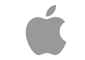 A grey Apple logo on a white background.