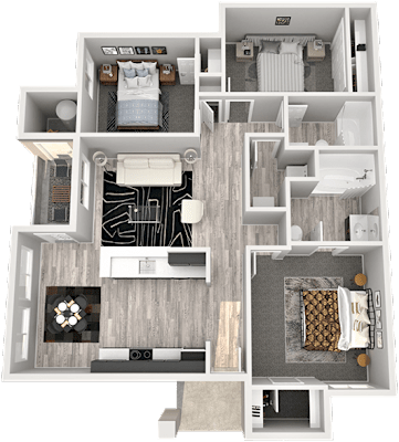 A floor plan of a house with a bedroom, living room, kitchen, and bathroom.