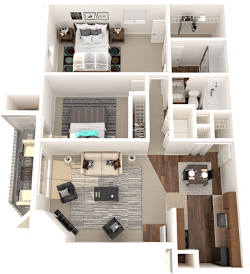 A floor plan of a house showing a bedroom, living room, kitchen, and bathroom.