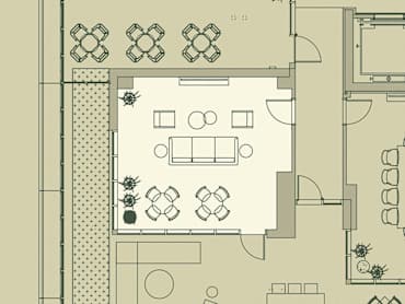A floor plan of a restaurant with tables and chairs. at Scout Living, powered by Placemakr Apartments, Atlanta, GA, 30308