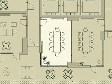 A floor plan of a restaurant with tables and chairs. at Scout Living, powered by Placemakr Apartments, Atlanta, GA, 30308