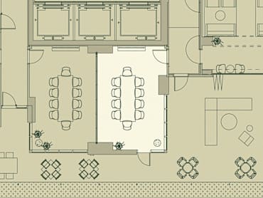 A floor plan of a building with a central courtyard and surrounding rooms. at Scout Living, powered by Placemakr Apartments, Atlanta, GA, 30308