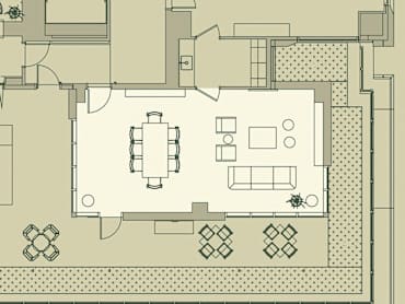 A floor plan of a house with a dining area and a kitchen. at Scout Living, powered by Placemakr Apartments, Atlanta, GA, 30308