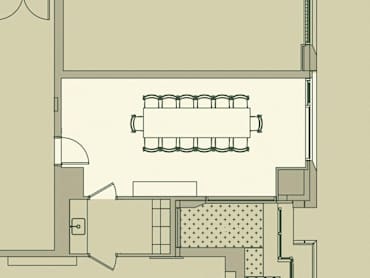 A drawing of a room with a table and chairs. at Scout Living, powered by Placemakr Apartments, Atlanta, GA, 30308