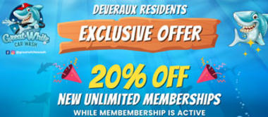 An exclusive offer for Deveraux residents advertising a 20% discount on new unlimited memberships.