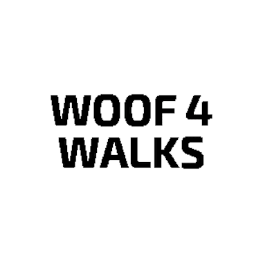 A black and white image with the words "WOOF 4 WALKS" written in black.