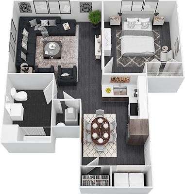 A floor plan of a house with a bedroom, living room, kitchen, and bathroom.
