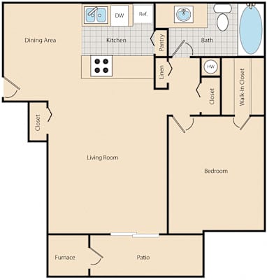 A floor plan of a house showing a bedroom, living room, kitchen, and bathroom.