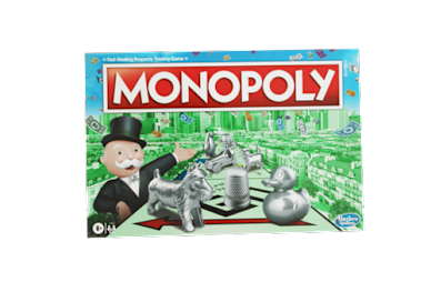 A Monopoly board game with a man in a top hat and a rubber duck.