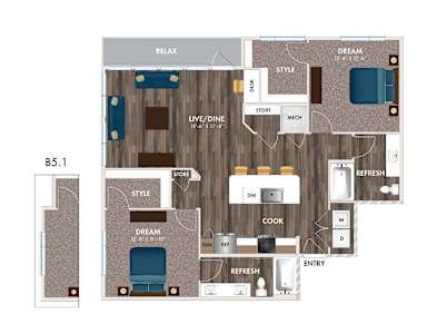 A floor plan of a house with labeled rooms such as RELAX, DREAM, STYLE, and COOK.