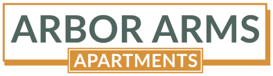 the logo for arbor arms apartments with the word apartments on a white and brown