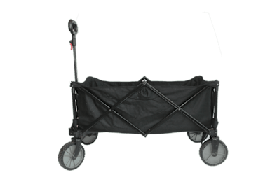 A black stroller with a canopy and four wheels.