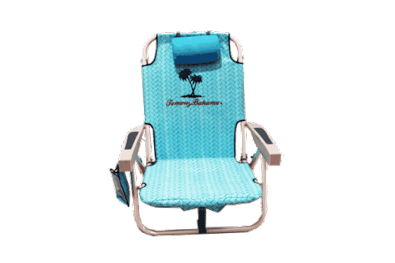 A blue folding chair with a white frame and a logo on the backrest.