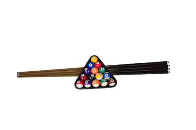 A set of pool balls is arranged in a triangle on a cue stick.