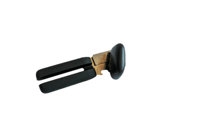 A black and white object with a wooden handle.