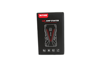A black box with a red and white label that says "BUTURE CAR JUMP STARTER".