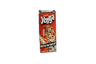 A box of Jenga game is displayed against a black background.