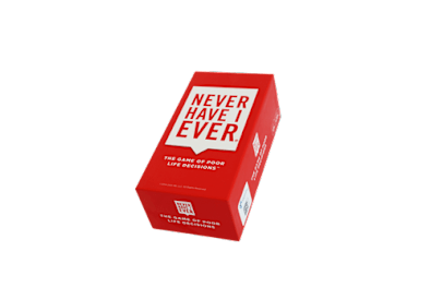 A red box with the text "NEVER HAVE I EVER" on it.