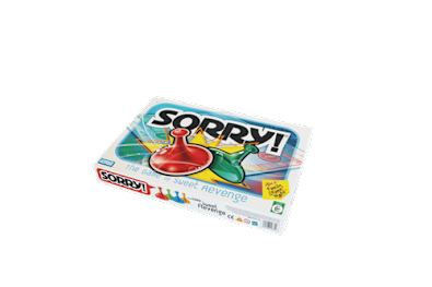 A box of the board game "Sorry!" is displayed against a black background.