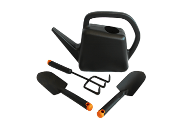 A black watering can with three orange-handled shovels.