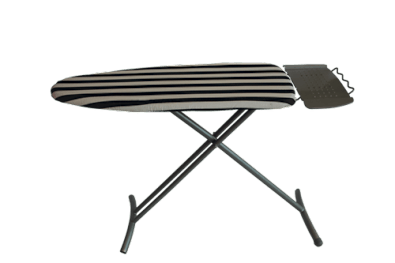 A black and white ironing board with a grey ironing pad.