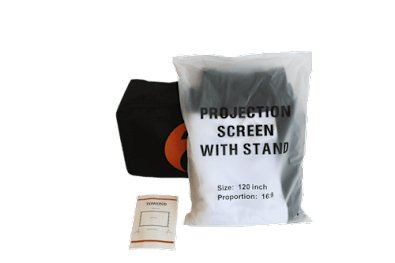 A projection screen with stand and manual.
