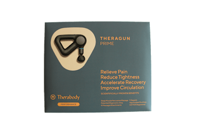 A box of Theragun Prime claims to relieve pain, reduce tightness, accelerate recovery, and improve circulation.