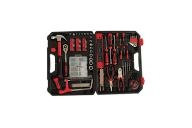 A red and black tool kit with a variety of tools inside.