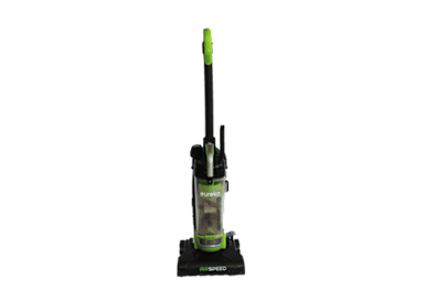 A green and black vacuum cleaner with a long handle.