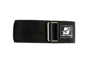 A black belt with a silver buckle and a logo that reads "PRO FITNESS".