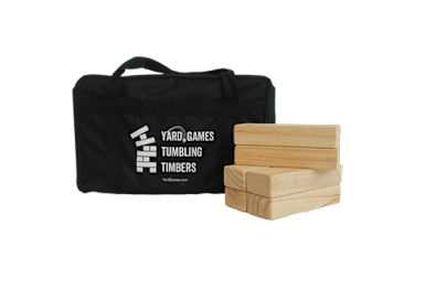 A black bag with the words YARD GAMES TUMBLING TIMBERS on it.