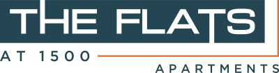 the flats at 1550 apartments logo with an orange and white line
