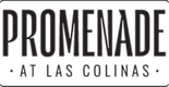 A black and white logo that says Promenade at Las Colinas.