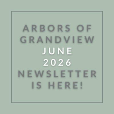 The image is a cover of the Arbors of Grandview June 2026 newsletter.