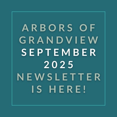 The image announces the release of the Arbors of Grandview September 2025 newsletter.