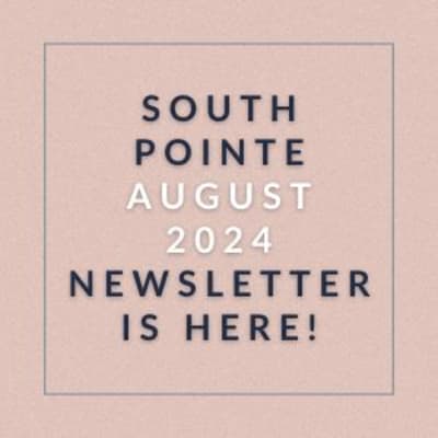 the words south pointe august 2024 is here on a peach background
