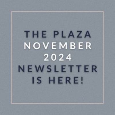 a gray background with a white frame and the words the plaza november 2024